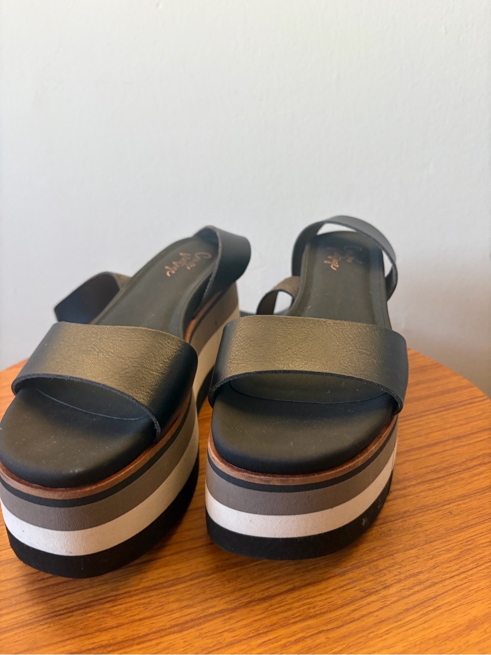 Crown Vintage Black Platform Slide Sandals with Striped Sole